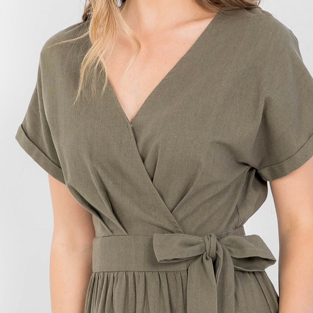 LAST ONE❗ILLA ILLA Chic Olive Surplice Wrap Around Midi Dress - Picture 3 of 10